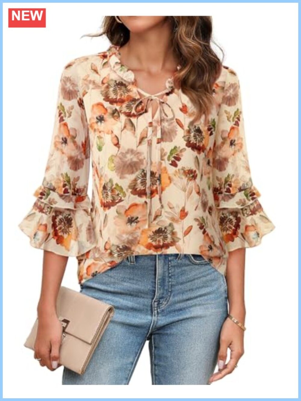 Womens Floral Chiffon Blouse Ruffled 3/4 Sleeve V Neck Elegant Dressy Top